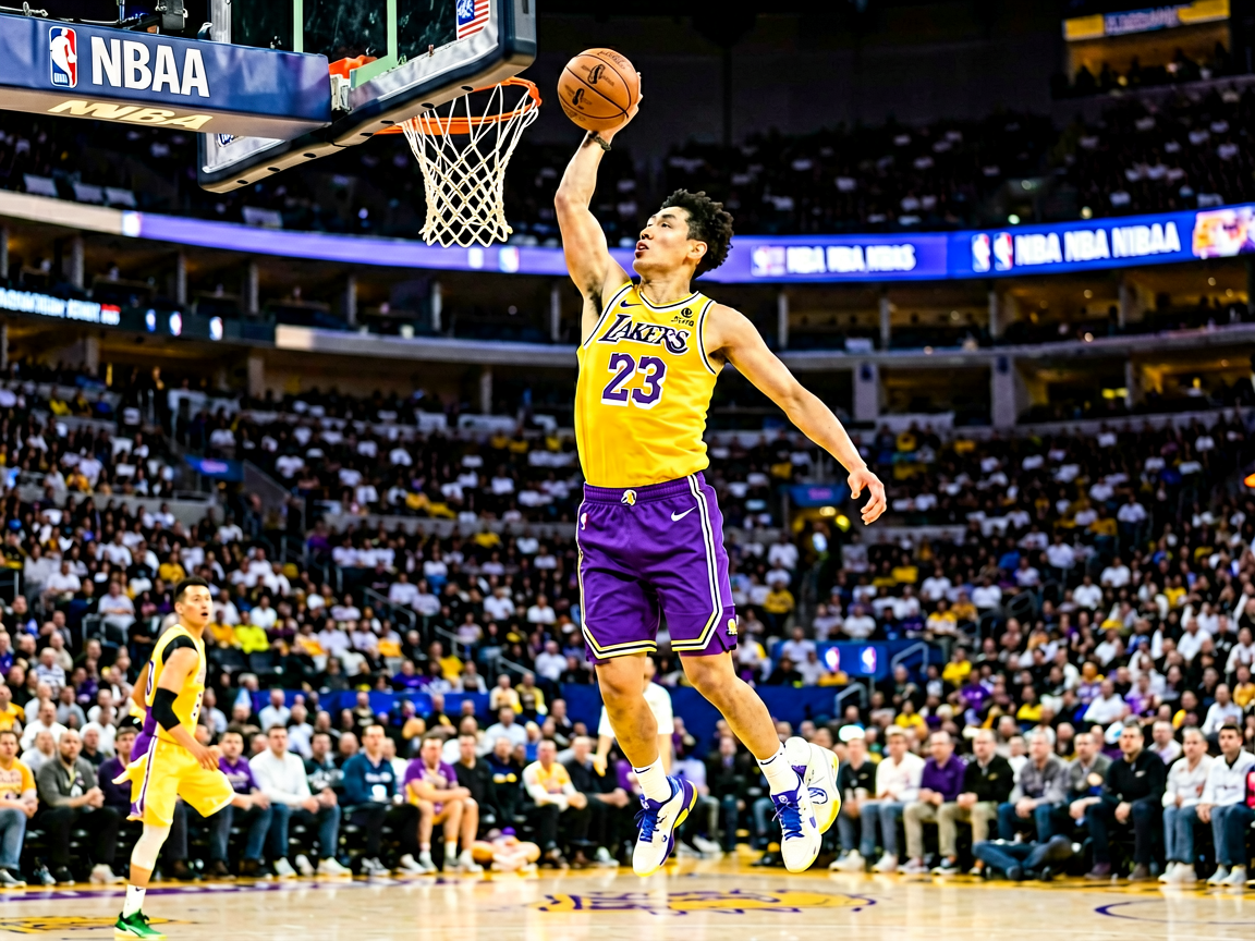NBA篮球比赛精彩瞬间，球员空中扣篮